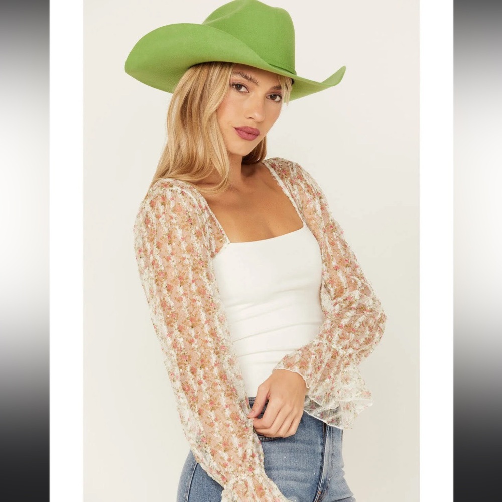 NWT Free People Intimately Gimme Butterflies Cream Floral Sheer Sleeve Blouse